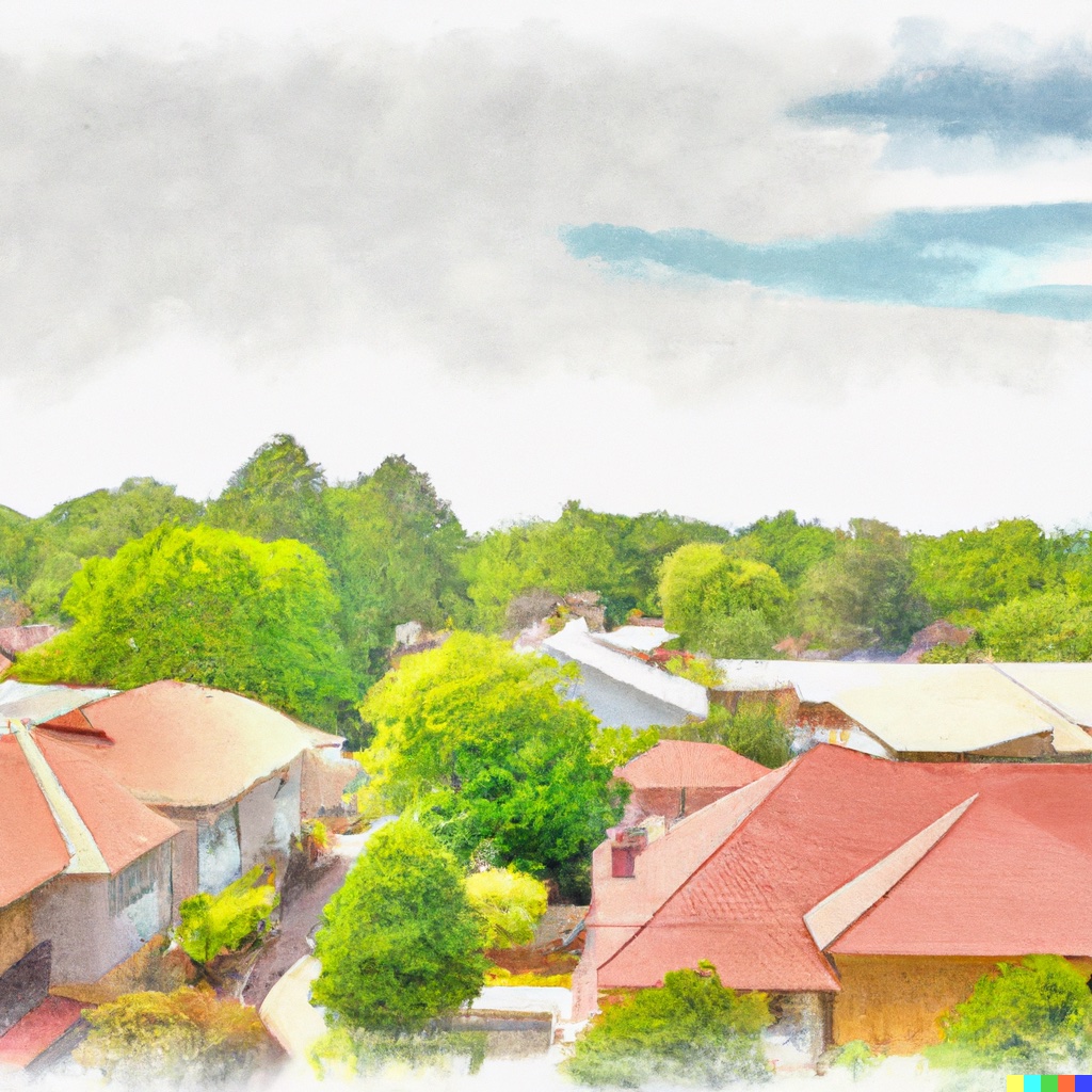 DALL·E 2023-05-18 09.06.52 - water color style, oblique view of a suburban neighborhood.jpg