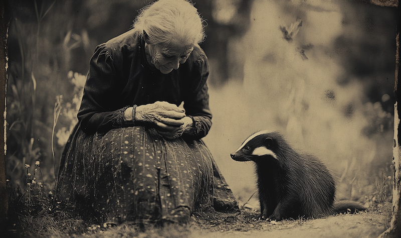 elderly woman and her pet badger 1905.png